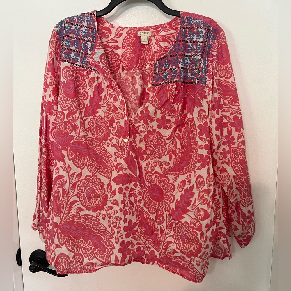 NWOT J. Crew Pink Floral Blouse with Blue Embroidery Detail Sz L - Picture 4 of 10